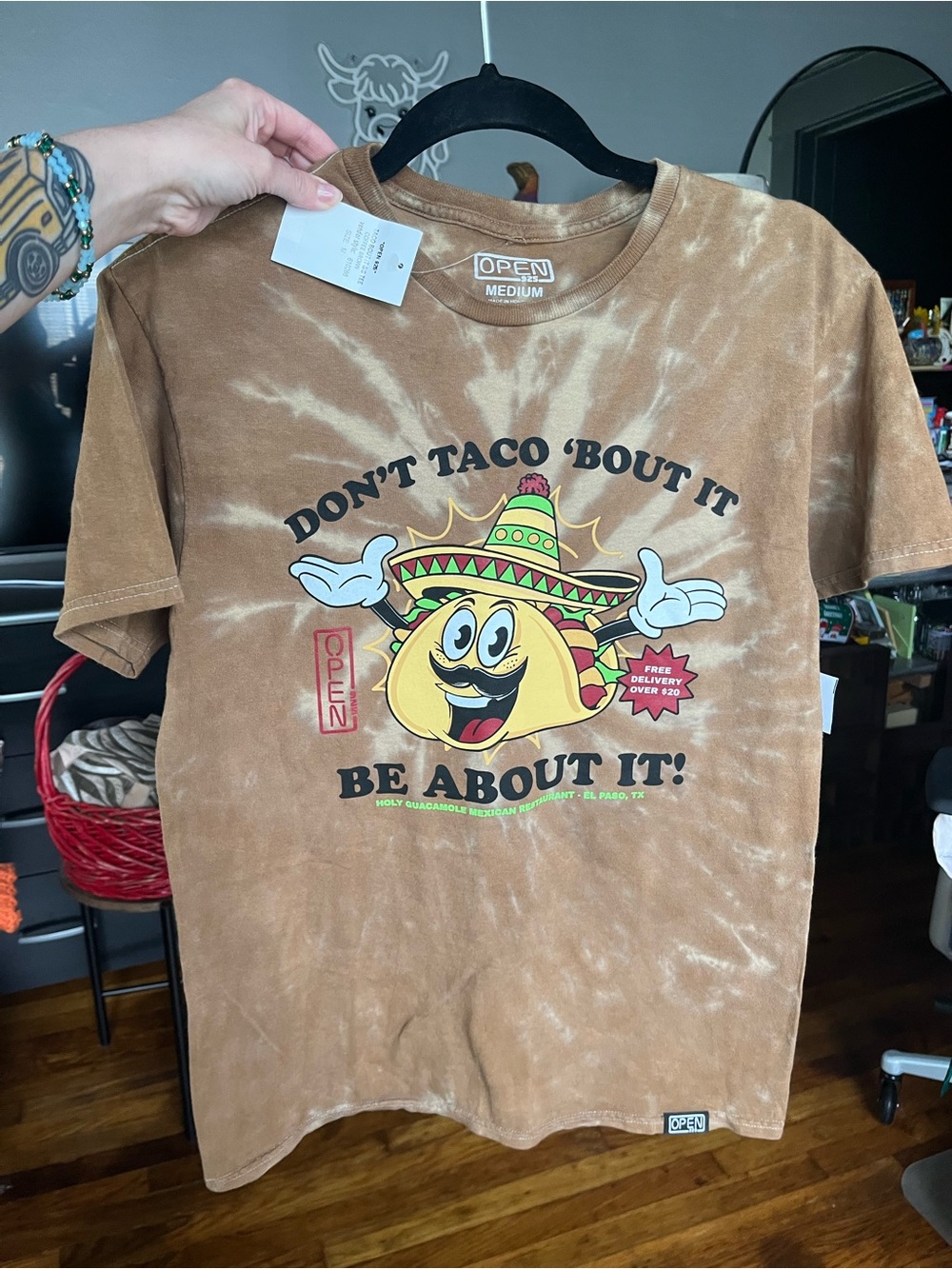 NWT OPEN Tie-Dye Taco Graphic Tee in Brown Medium
